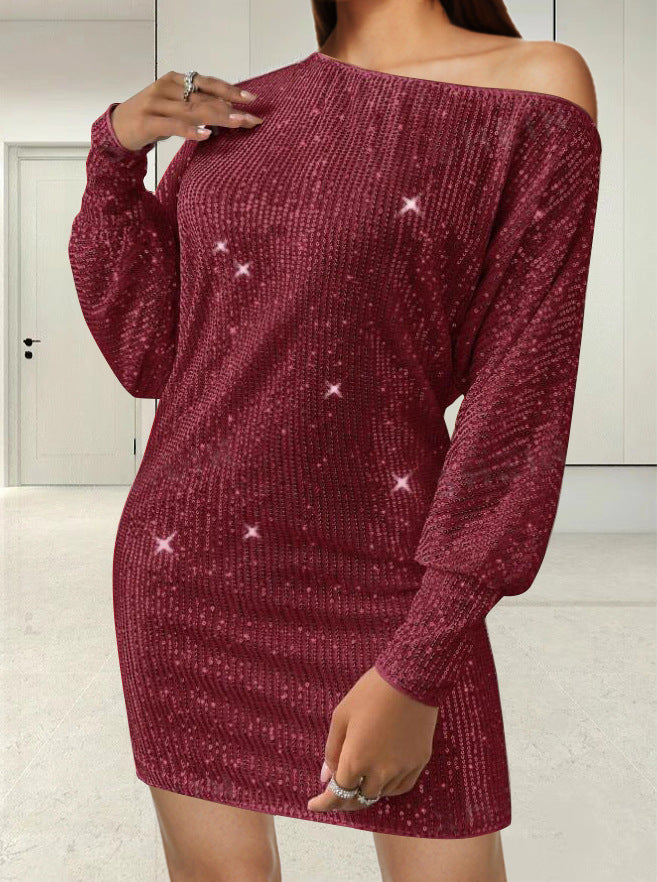 Damen Funkelndes Minikleid mit asymmetrischem Ausschnitt und Ballonärmeln EB