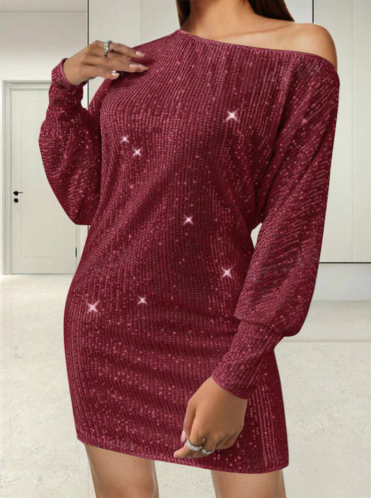 Damen Funkelndes Minikleid mit asymmetrischem Ausschnitt und Ballonärmeln EB