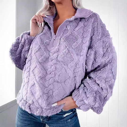 Damen kuschelige Fleece-Pulloverjacke mit Reißverschluss und weiten Ärmeln EB