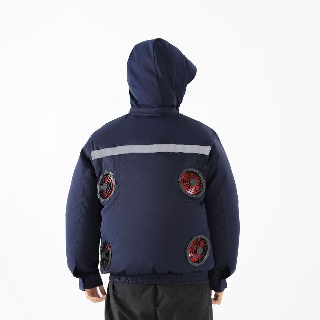 Unisex nan ventilated jacket for work and outdoor with integrated USB fans, battery compartment and hood EB