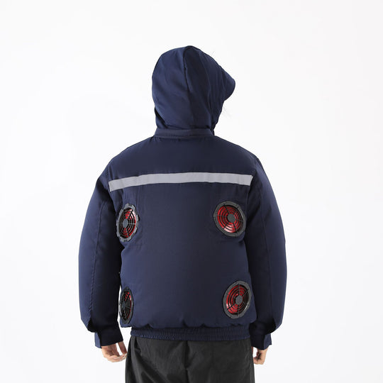 Unisex nan ventilated jacket for work and outdoor with integrated USB fans, battery compartment and hood EB
