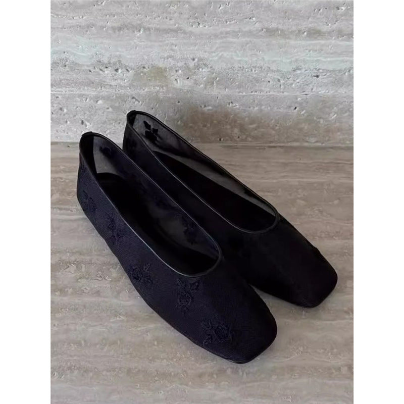 Damen Bestickte Mesh-Ballerinas mit quadratischer Zehenpartie und Rosenstickerei EB
