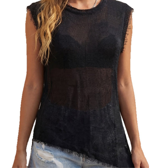 Damen lässiges Leinen-Top mit fransigen Details EB