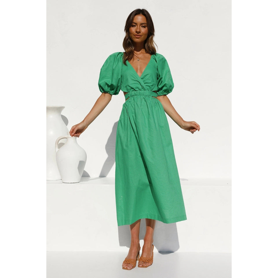 Damen Maxikleid mit elegantem V-Ausschnitt und puffärmeligen Details EB