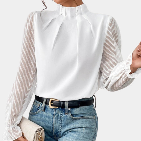 Damen Elegante Chiffonbluse mit Stehkragen, Faltenkante und transparenten Jacquard-Ärmeln EB
