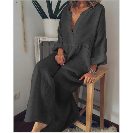 Damen Langes Leinen-Maxikleid mit V-Ausschnitt, geraffter Taille und 3/4-Ärmeln EB