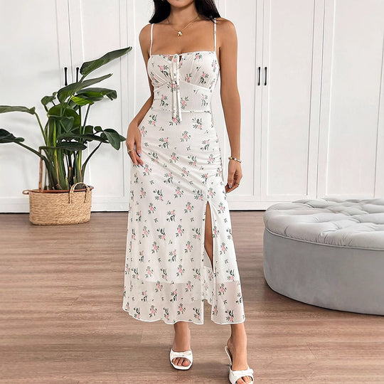 Damen Maxikleid mit feinen Spaghetti-Trägern und floralem Druck EB