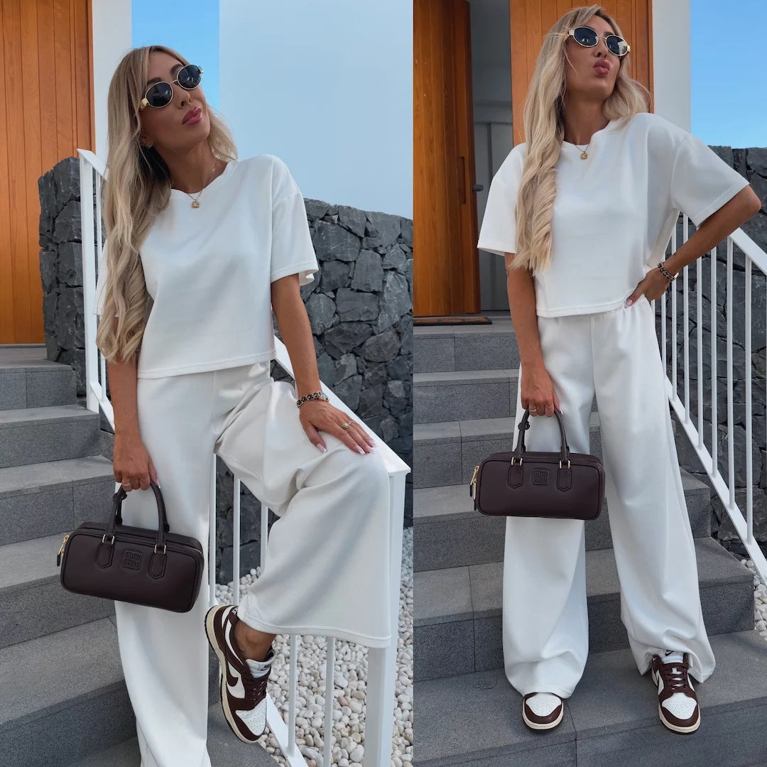 Damen Loungewear-Zweiteiler mit Cropped-Boxy-Shirt und fließender High-Waist Palazzo-Hose EB