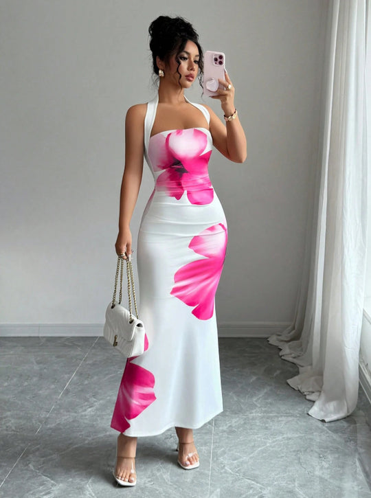 Damen Maxikleid mit floralem Print und schulterfreiem Design EB