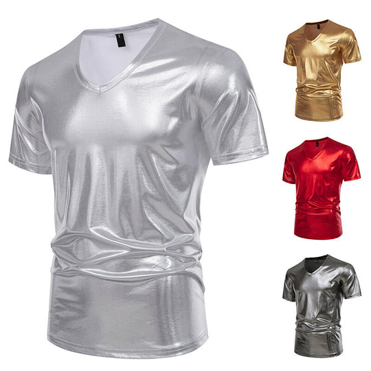 Herren V-Ausschnitt T-Shirt aus glänzendem Material mit persönlichem Stil EB