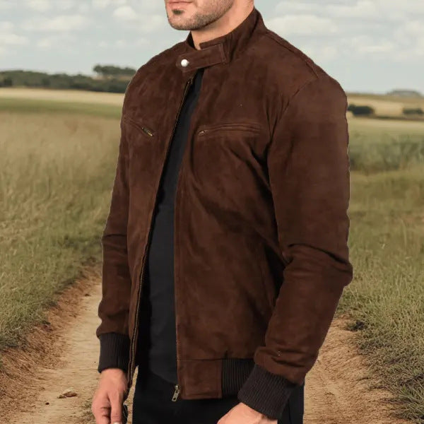 Herren Suede-Bomberjacke mit trendigem Stehkragen und praktischen Taschen EB
