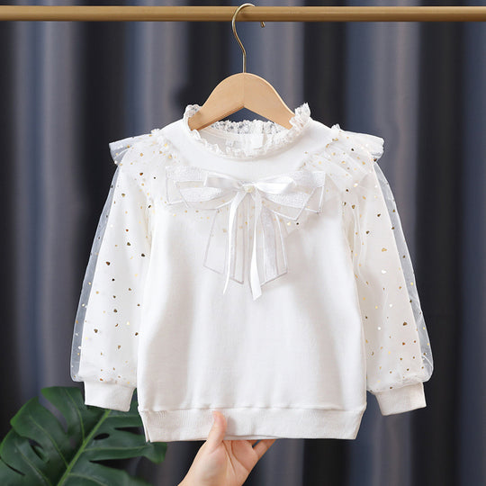 Mädchen modisches Sweatshirt mit dekorativen Tüllärmeln und Schleifendetails EB