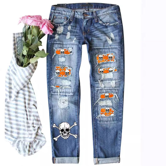Damen Skinny Jeans mit auffälligen Totenkopf-Mustern EB