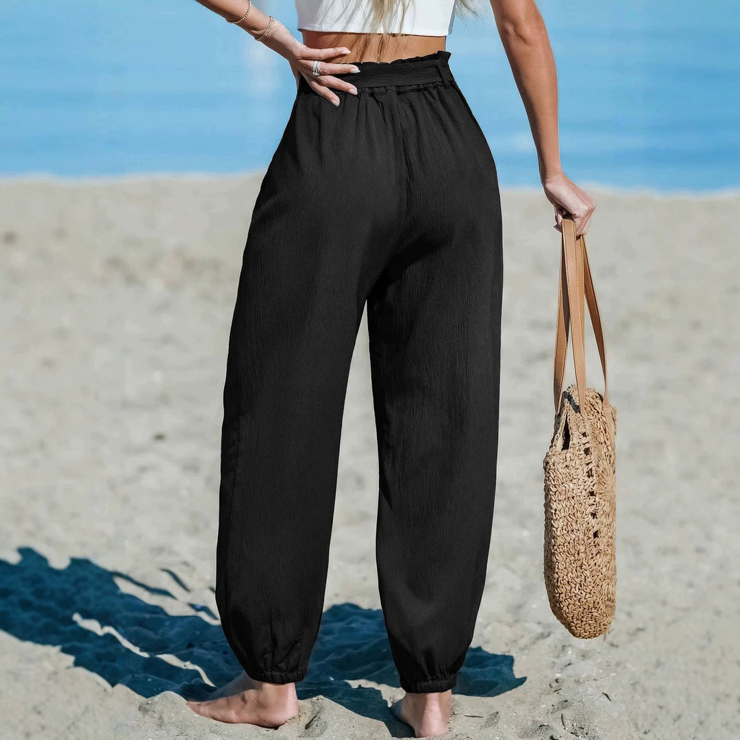 Damen Leichte Paperbag-Hochbund-Hose mit Bindegürtel, Seitentaschen und elastischen Knöchelbündchen EB