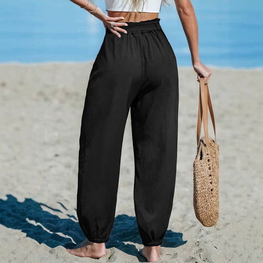 Damen Leichte Paperbag-Hochbund-Hose mit Bindegürtel, Seitentaschen und elastischen Knöchelbündchen EB