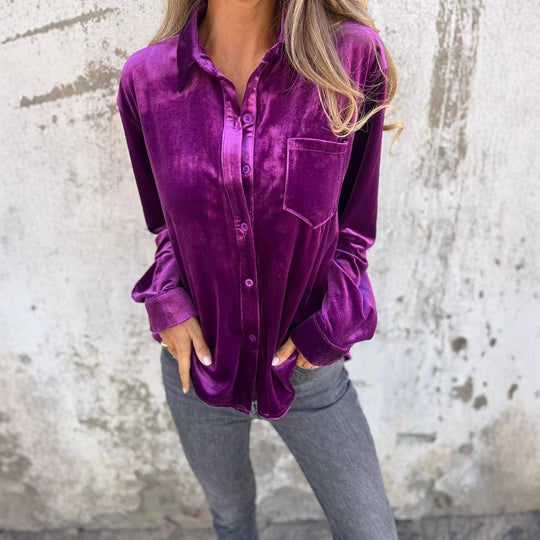 Damen Elegante Samtbluse mit klassischem Hemdkragen und langen Ärmeln EB