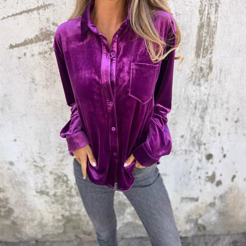 Damen Elegante Samtbluse mit klassischem Hemdkragen und langen Ärmeln EB