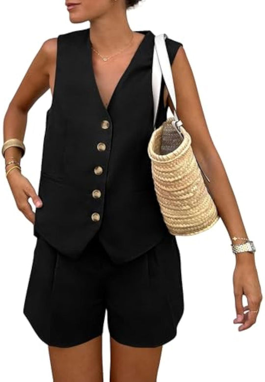 Damen elegantes Jumpsuit-Set mit tailliertem Schnitt und dekorativen Knopfdetails EB
