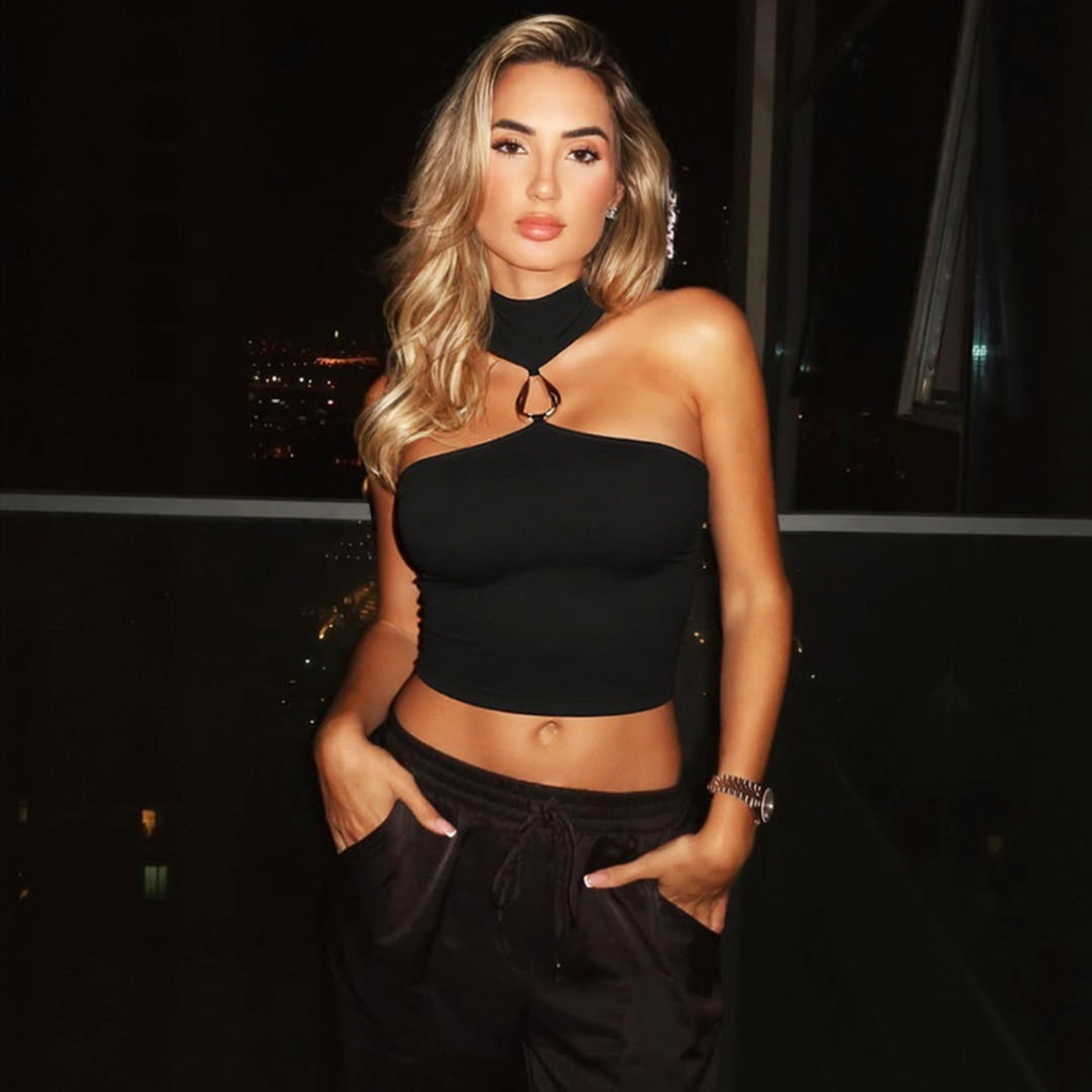 Damen Sportliches Crop-Top mit geschmackvollem Choker und dekorativem Detail EB