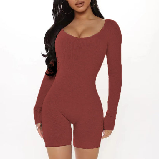 Damen Langarm Jumpsuit mit figurformendem Schnitt und Rippstruktur EB