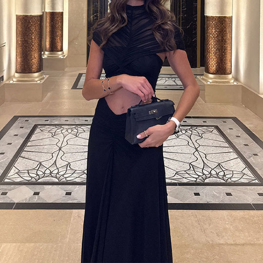Damen Elegantes Maxikleid mit Raffungen und durchsichtigem Oberteil EB