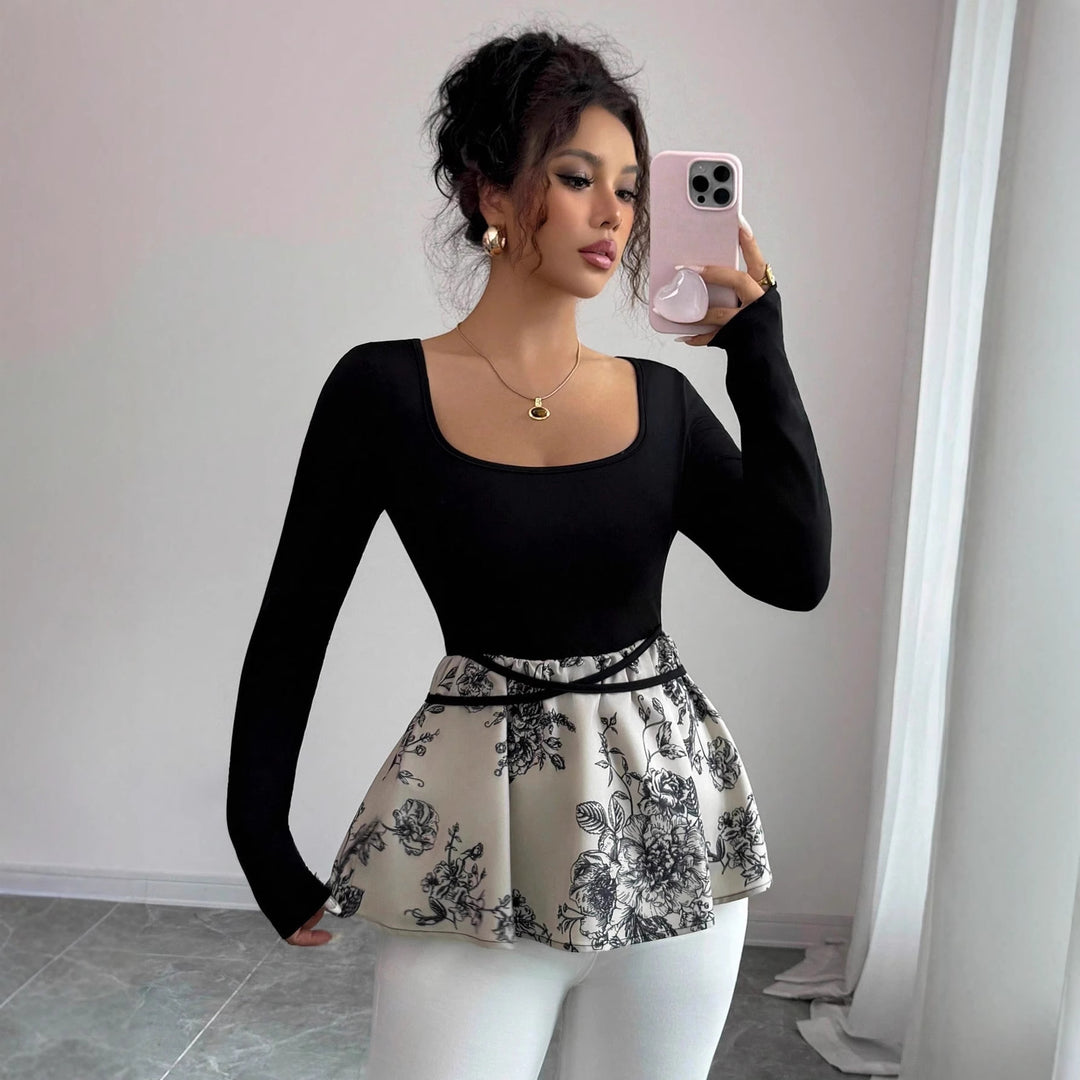 Damen nan formgebendes Langarm-Top mit quadratischem Ausschnitt, nahtlosem Stretch und verlängerter Hüftpartie EB