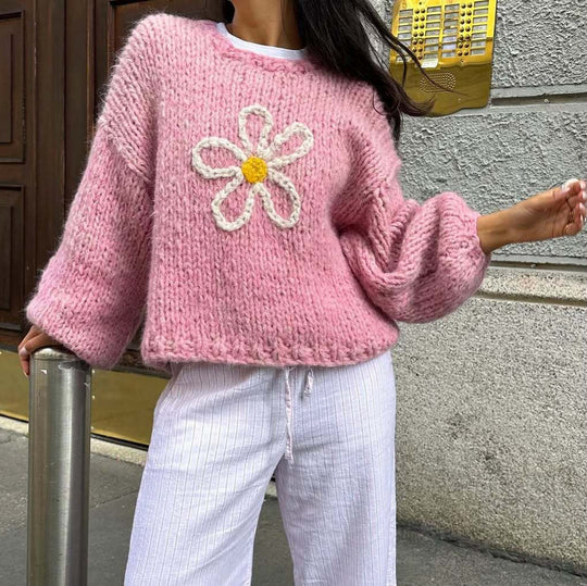 Damen lässiger Strickpullover mit floralem Motiv und oversized Schnitt EB