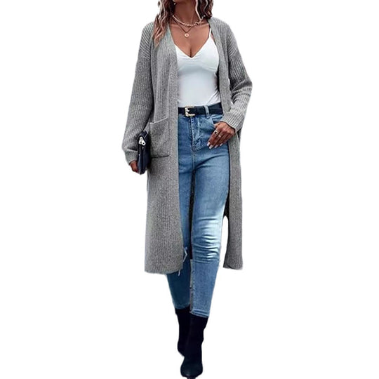 Damen Langer Strickmantel mit strukturiertem Design und praktischen Taschen EB