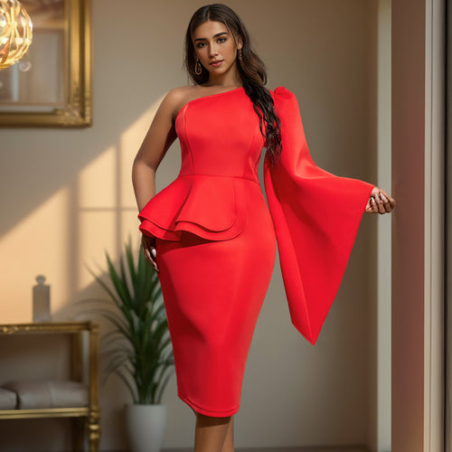 Damen figurbetontes Cocktailkleid mit asymmetrischem Rüschenvolant EB