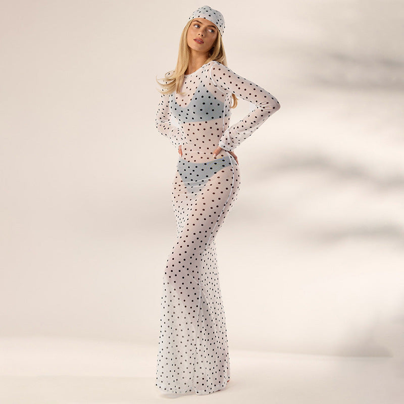 Damen transparentes Langarmkleid mit modischem Punktmuster EB