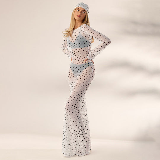 Damen transparentes Langarmkleid mit modischem Punktmuster EB