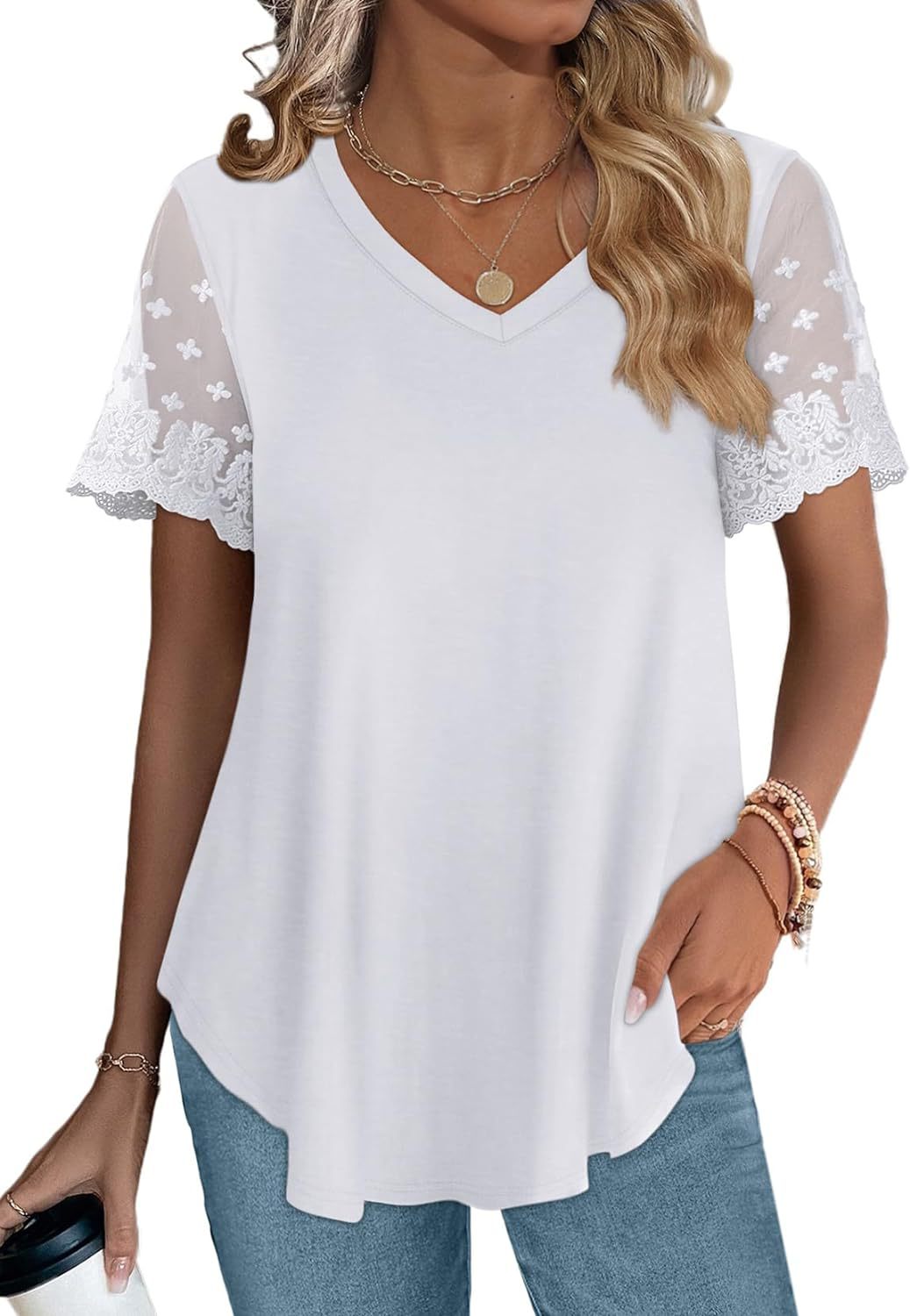 Damen Bluse mit eleganten Spitzenärmeln und V-Ausschnitt EB