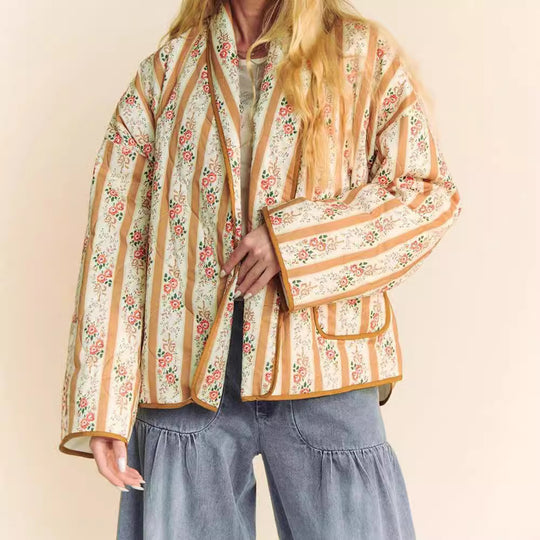 Damen Übergrößen Quiltjacke mit floralem Muster und weitem Schnitt EB
