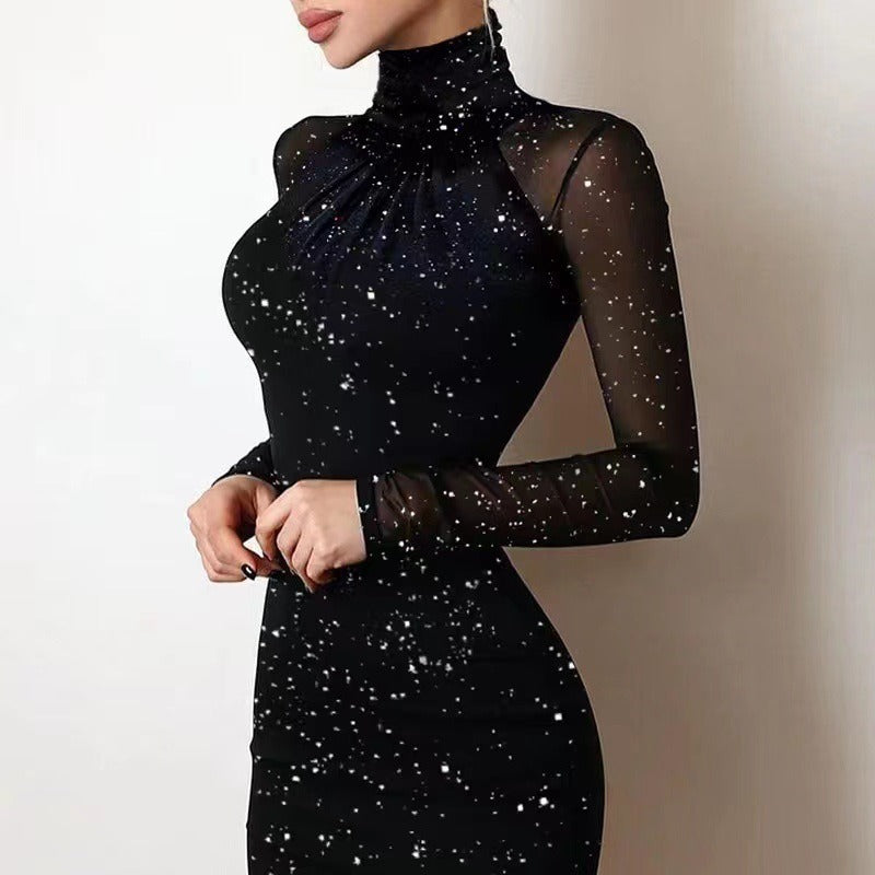 Damen Elegantes Etuikleid mit transparenten Ärmeln und raffinierter Raffung EB