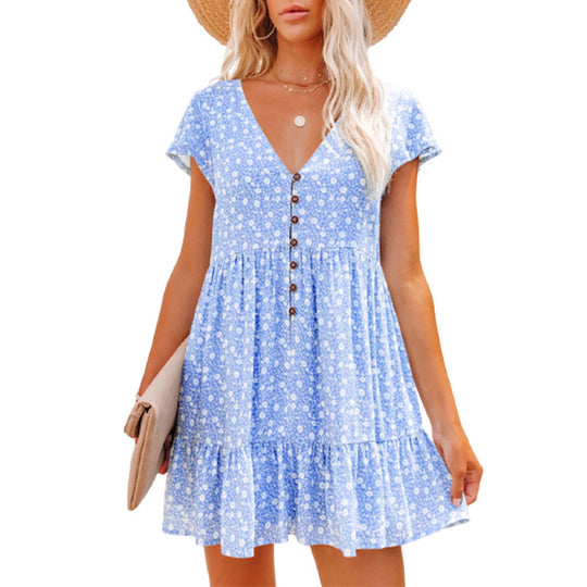 Damen Sommerkleid mit floralen Mustern und Knopfdetails EB