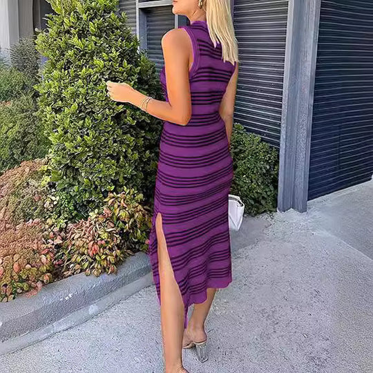 Damen Langes Streifenmaxikleid mit Seitenschlitz und Premium-Stretchstoff EB