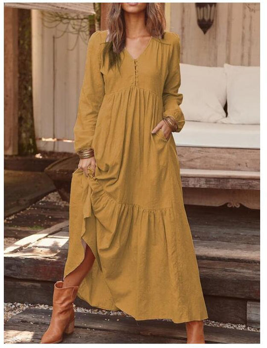 Damen nan luftiges Maxikleid mit V-Ausschnitt, Langarm und Eingrifftaschen EB