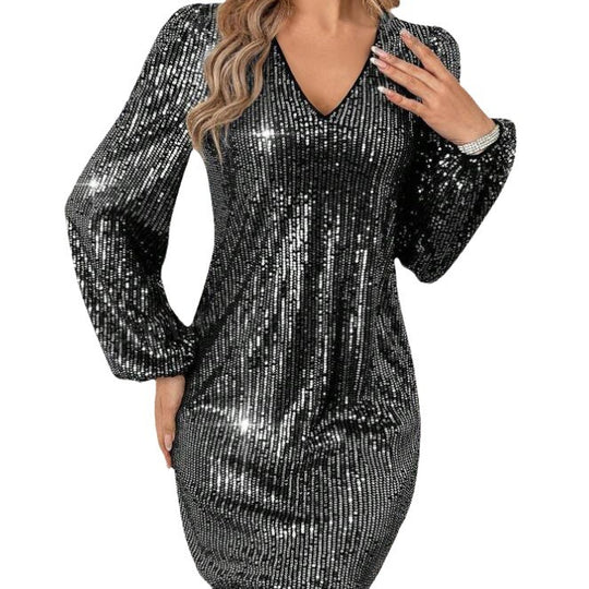Damen Glitzerndes Cocktailkleid mit V-Ausschnitt und langen Ärmeln EB