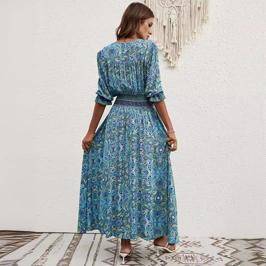 Damen Maxikleid mit abnehmbarem Taillengürtel und kunstvollem Muster EB