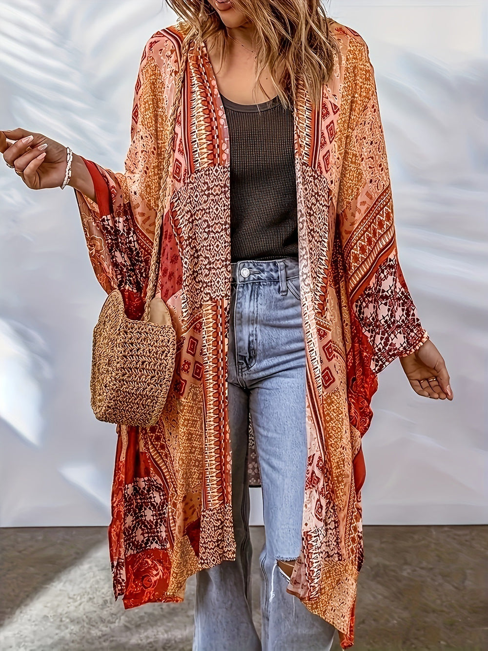 Damen Lässige Kimono-Jacke mit buntem Muster und weitem Schnitt EB