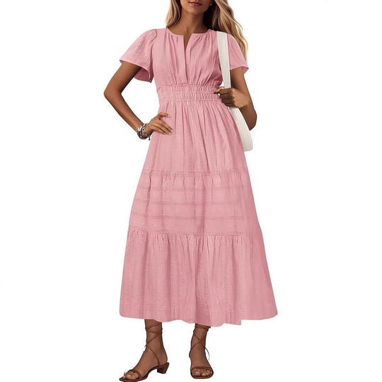 Damen Maxikleid mit elegantem V-Ausschnitt und frisch gerafftem Design EB