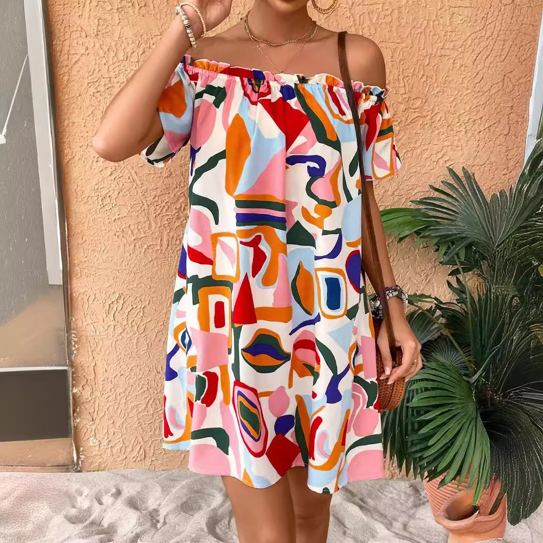 Damen Minikleid mit schulterfreiem Design und lebhaftem Farbprint EB
