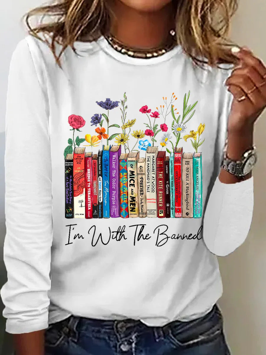 Damen Langarmshirt mit Bücher- und Blumenmotiv EB