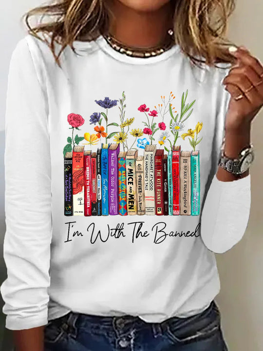 Damen Langarmshirt mit Bücher- und Blumenmotiv EB