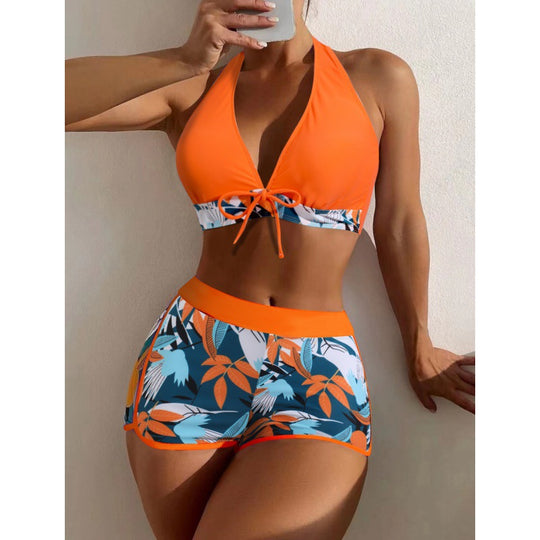 Damen Hochgeschlossen Bikini mit verspieltem Blumenmuster EB