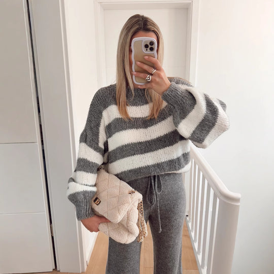 Damen modischer Cropped Pullover mit einzigartigem Streifenmuster und weit geschnittenen Ärmeln EB
