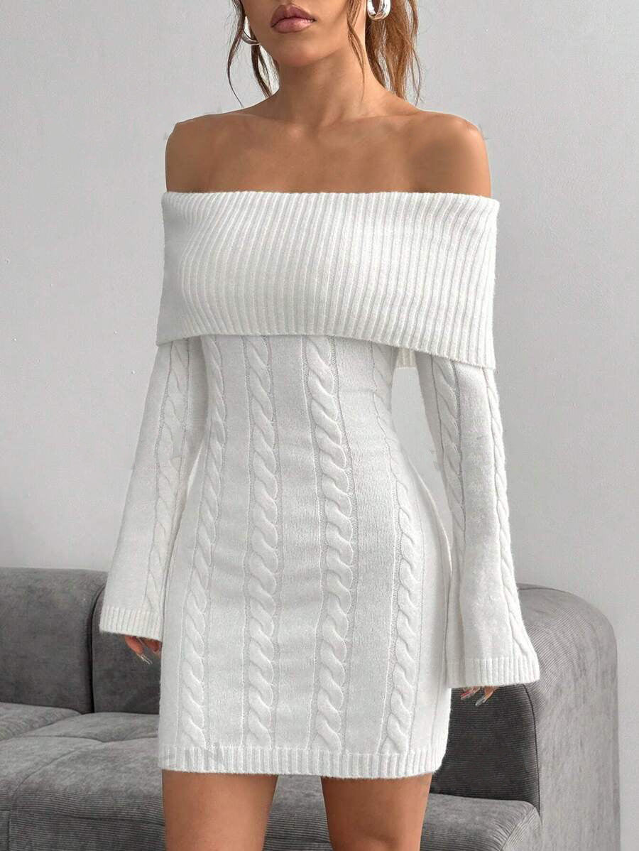 Damen Off-Shoulder Strickkleid mit Zopfmuster und voluminösen Ärmeln EB