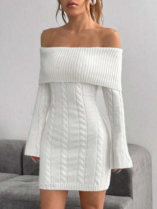 Damen Off-Shoulder Strickkleid mit Zopfmuster und voluminösen Ärmeln EB