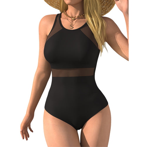 Damen einteiliger Badeanzug mit raffinierten Mesh-Einsätzen und figurformendem Design EB