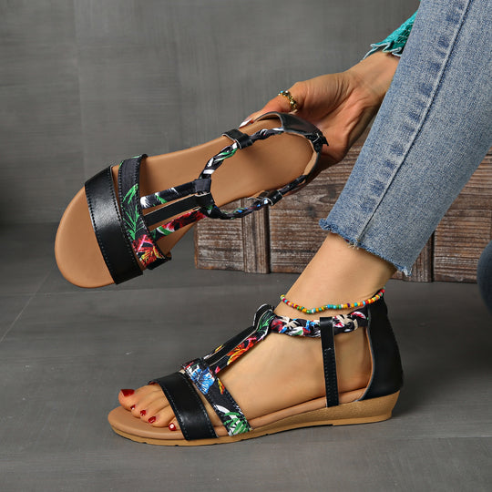 Damen Offene Sandalen mit geflochtenem Riemendesign und elegantem floralem Detail EB